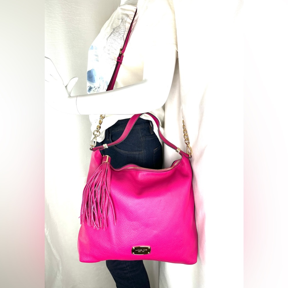Michael Kors Fuchsia Pink Leather Large Shoulder Bag Purse Chain Strap Tassel - Picture 2 of 13